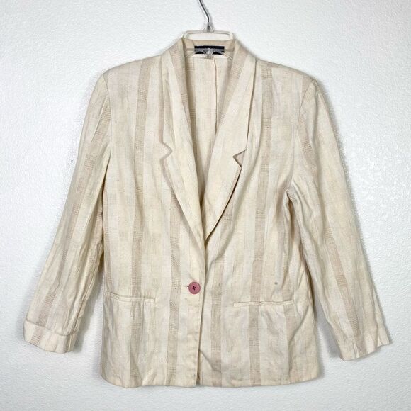 Vintage Counterparts Beige Striped Plaid Textured Blazer Jacket - Picture 2 of 5